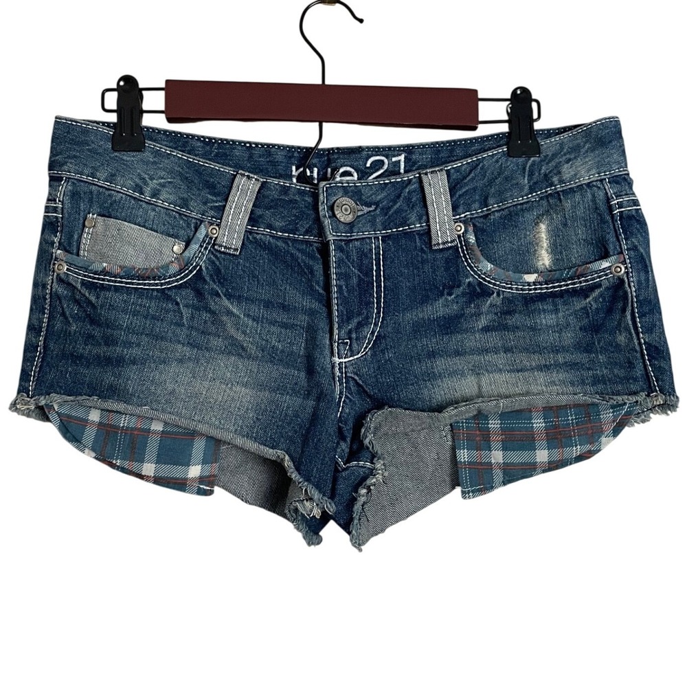 VTG Y2K Rue 21 Blue Denim Low Rise Frayed Hem Plaid Pocket Micro Mini Shorts 5/6